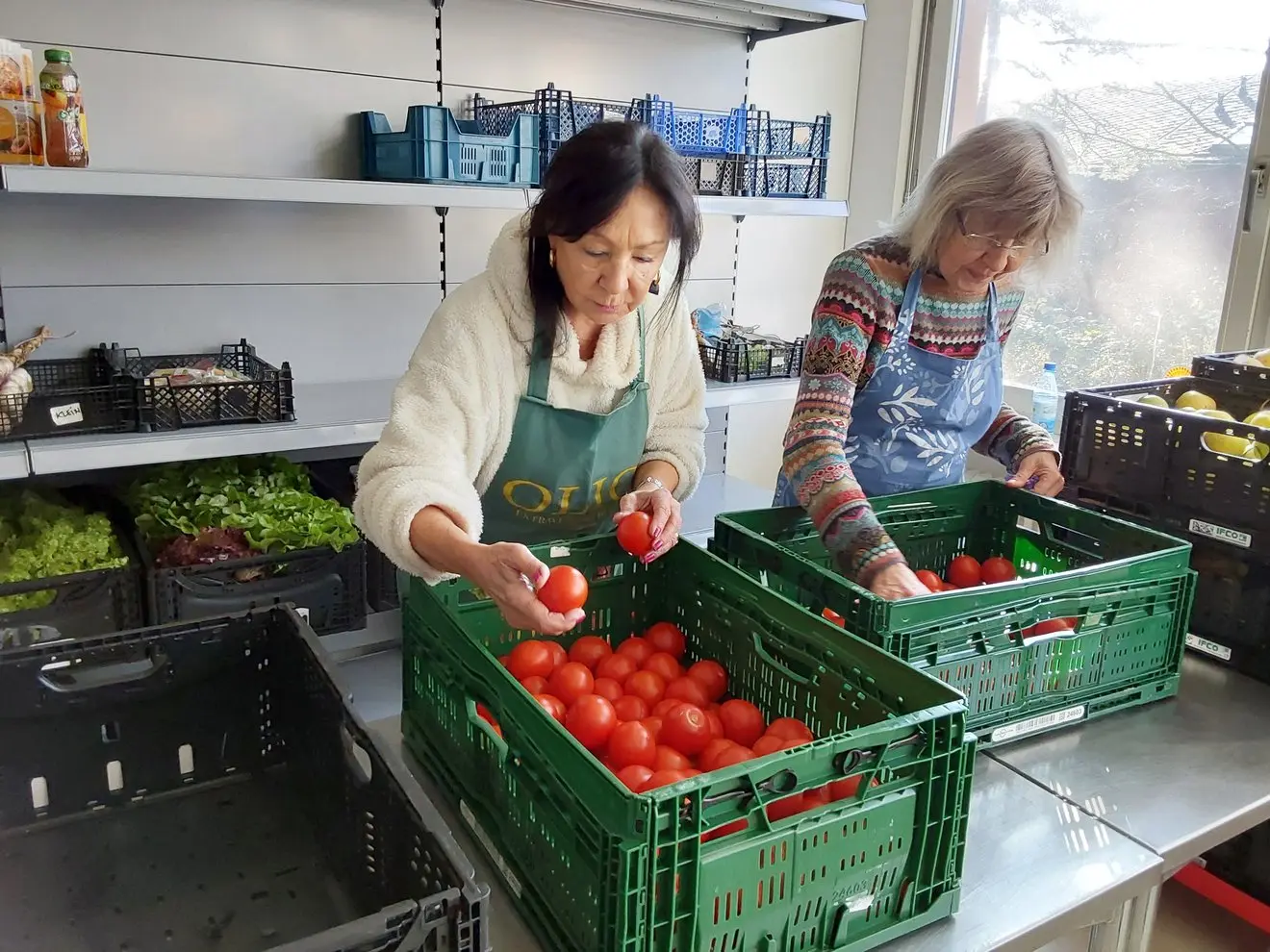 Mitarbeiterinnen sortieren Tomaten für die Warenausgabe der Tafel Höchberg